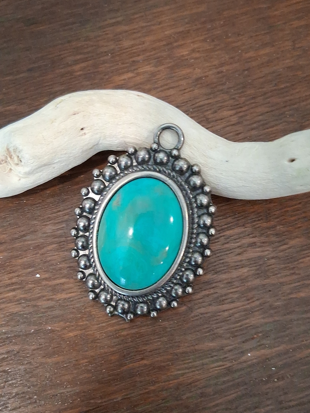 Turquoise Oval Brooch with Silver-Tone Beaded Frame